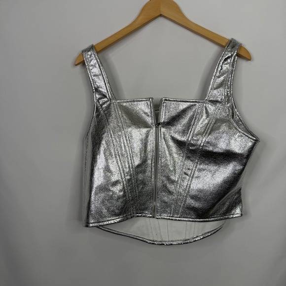 New York & Company Metallic Silver Corset Top Faux Leather Zip Back XL NWT - Picture 4 of 6
